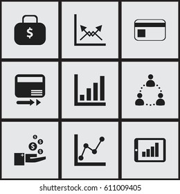 Set Of 9 Editable Statistic Icons. Includes Symbols Such As Money Bag, Graph Information, Transmission And More. Can Be Used For Web, Mobile, UI And Infographic Design.