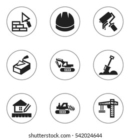 Set Of 9 Editable Structure Icons. Includes Symbols Such As Home Scheduling, Spatula, Lifting Equipment And More. Can Be Used For Web, Mobile, UI And Infographic Design.