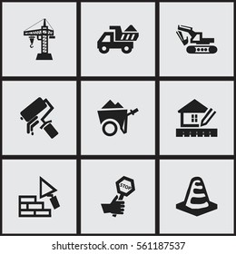 Set Of 9 Editable Structure Icons. Includes Symbols Such As Notice Object , Elevator, Handcart. Can Be Used For Web, Mobile, UI And Infographic Design.