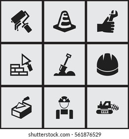 Set Of 9 Editable Structure Icons. Includes Symbols Such As Spatula, Facing, Hardhat And More. Can Be Used For Web, Mobile, UI And Infographic Design.