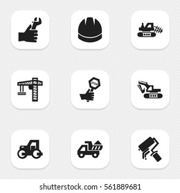 Set Of 9 Editable Structure Icons. Includes Symbols Such As Lifting Equipment, Excavation Machine, Mule And More. Can Be Used For Web, Mobile, UI And Infographic Design.