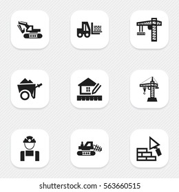 Set Of 9 Editable Structure Icons. Includes Symbols Such As Truck, Excavation Machine, Lifting Equipment And More. Can Be Used For Web, Mobile, UI And Infographic Design.