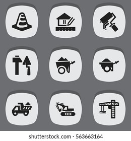 Set Of 9 Editable Structure Icons. Includes Symbols Such As Camion, Notice Object, Construction Tools And More. Can Be Used For Web, Mobile, UI And Infographic Design.