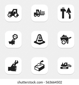 Set Of 9 Editable Structure Icons. Includes Symbols Such As Caterpillar, Handcart , Notice Object. Can Be Used For Web, Mobile, UI And Infographic Design.