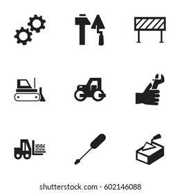Set Of 9 Editable Structure Icons. Includes Symbols Such As Barrier, Cogwheel, Truck And More. Can Be Used For Web, Mobile, UI And Infographic Design.