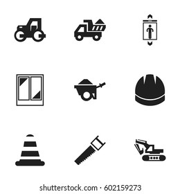 Set Of 9 Editable Structure Icons. Includes Symbols Such As Hacksaw, Caterpillar, Camion And More. Can Be Used For Web, Mobile, UI And Infographic Design.