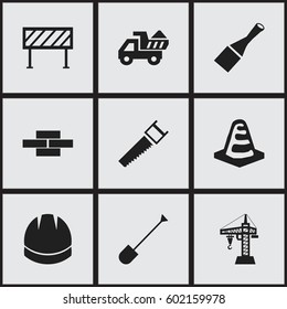 Set Of 9 Editable Structure Icons. Includes Symbols Such As Spade, Hacksaw, Barrier And More. Can Be Used For Web, Mobile, UI And Infographic Design.