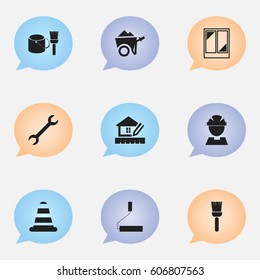 Set Of 9 Editable Structure Icons. Includes Symbols Such As Roller, Worker, Handcart. Can Be Used For Web, Mobile, UI And Infographic Design.