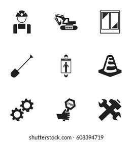 Set Of 9 Editable Structure Icons. Includes Symbols Such As Excavation Machine, Cogwheel, Spade And More. Can Be Used For Web, Mobile, UI And Infographic Design.