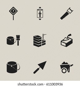 Set Of 9 Editable Structure Icons. Includes Symbols Such As Spatula, Pail, Building And More. Can Be Used For Web, Mobile, UI And Infographic Design.