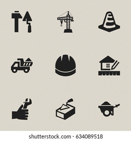 Set Of 9 Editable Structure Icons. Includes Symbols Such As Construction Tools, Hands , Home Scheduling. Can Be Used For Web, Mobile, UI And Infographic Design.