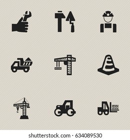 Set Of 9 Editable Structure Icons. Includes Symbols Such As Hands ,  Lifting Equipment, Truck. Can Be Used For Web, Mobile, UI And Infographic Design.