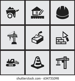 Set Of 9 Editable Structure Icons. Includes Symbols Such As Hardhat, Home Scheduling, Lifting Equipment And More. Can Be Used For Web, Mobile, UI And Infographic Design.