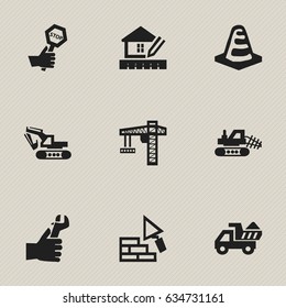 Set Of 9 Editable Structure Icons. Includes Symbols Such As Camion, Mule, Excavation Machine And More. Can Be Used For Web, Mobile, UI And Infographic Design.
