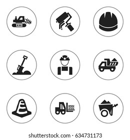 Set Of 9 Editable Structure Icons. Includes Symbols Such As Notice Object, Camion, Hardhat And More. Can Be Used For Web, Mobile, UI And Infographic Design.