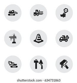 Set Of 9 Editable Structure Icons. Includes Symbols Such As Camion, Excavation Machine, Scrub And More. Can Be Used For Web, Mobile, UI And Infographic Design.