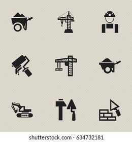 Set Of 9 Editable Structure Icons. Includes Symbols Such As Scrub, Handcart ,  Lifting Equipment. Can Be Used For Web, Mobile, UI And Infographic Design.