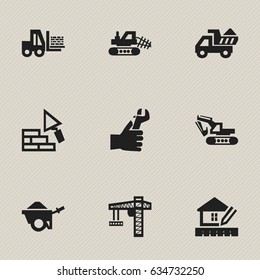 Set Of 9 Editable Structure Icons. Includes Symbols Such As Trolley, Facing, Camion And More. Can Be Used For Web, Mobile, UI And Infographic Design.