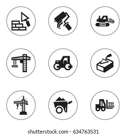 Set Of 9 Editable Structure Icons. Includes Symbols Such As Handcart ,  Lifting Equipment, Mule. Can Be Used For Web, Mobile, UI And Infographic Design.