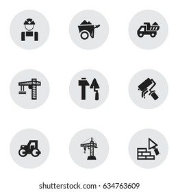 Set Of 9 Editable Structure Icons. Includes Symbols Such As Construction Tools, Handcart , Facing. Can Be Used For Web, Mobile, UI And Infographic Design.