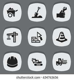 Set Of 9 Editable Structure Icons. Includes Symbols Such As Lifting Equipment, Notice Object, Excavation Machine And More. Can Be Used For Web, Mobile, UI And Infographic Design.