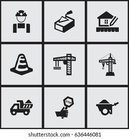Set Of 9 Editable Structure Icons. Includes Symbols Such As Elevator, Employee, Camion And More. Can Be Used For Web, Mobile, UI And Infographic Design.