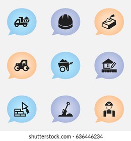 Set Of 9 Editable Structure Icons. Includes Symbols Such As Employee, Caterpillar, Hardhat And More. Can Be Used For Web, Mobile, UI And Infographic Design.