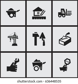 Set Of 9 Editable Structure Icons. Includes Symbols Such As Elevator, Truck, Spatula And More. Can Be Used For Web, Mobile, UI And Infographic Design.
