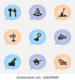 Set Of 9 Editable Structure Icons. Includes Symbols Such As Construction Tools, Hands , Endurance. Can Be Used For Web, Mobile, UI And Infographic Design.