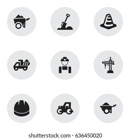 Set Of 9 Editable Structure Icons. Includes Symbols Such As Camion , Handcart , Elevator. Can Be Used For Web, Mobile, UI And Infographic Design.