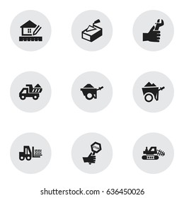 Set Of 9 Editable Structure Icons. Includes Symbols Such As Home Scheduling, Camion, Trolley And More. Can Be Used For Web, Mobile, UI And Infographic Design.