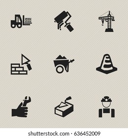 Set Of 9 Editable Structure Icons. Includes Symbols Such As Truck , Elevator, Hands. Can Be Used For Web, Mobile, UI And Infographic Design.