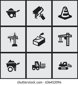 Set Of 9 Editable Structure Icons. Includes Symbols Such As Scrub, Handcart , Elevator. Can Be Used For Web, Mobile, UI And Infographic Design.