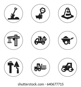 Set Of 9 Editable Structure Icons. Includes Symbols Such As Construction Tools, Endurance, Caterpillar And More. Can Be Used For Web, Mobile, UI And Infographic Design.