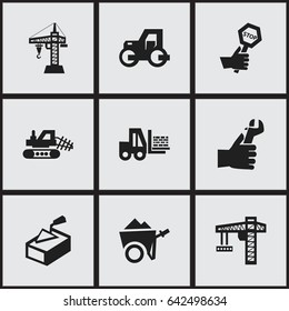 Set Of 9 Editable Structure Icons. Includes Symbols Such As Hands , Truck , Handcart. Can Be Used For Web, Mobile, UI And Infographic Design.