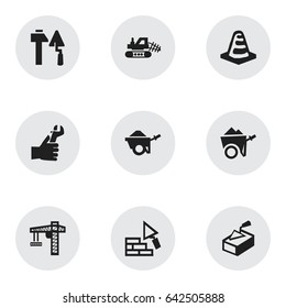 Set Of 9 Editable Structure Icons. Includes Symbols Such As Lifting Equipment, Trolley, Notice Object And More. Can Be Used For Web, Mobile, UI And Infographic Design.