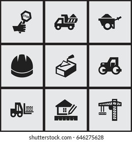 Set Of 9 Editable Structure Icons. Includes Symbols Such As Caterpillar, Truck, Lifting Equipment And More. Can Be Used For Web, Mobile, UI And Infographic Design.
