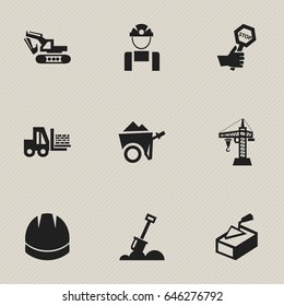 Set Of 9 Editable Structure Icons. Includes Symbols Such As Handcart , Elevator, Excavation Machine. Can Be Used For Web, Mobile, UI And Infographic Design.