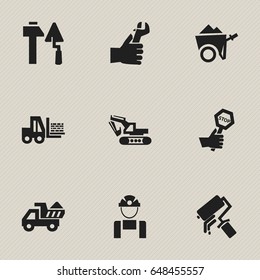 Set Of 9 Editable Structure Icons. Includes Symbols Such As Handcart , Truck , Construction Tools. Can Be Used For Web, Mobile, UI And Infographic Design.