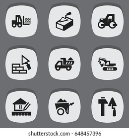 Set Of 9 Editable Structure Icons. Includes Symbols Such As Camion, Construction Tools, Home Scheduling And More. Can Be Used For Web, Mobile, UI And Infographic Design.