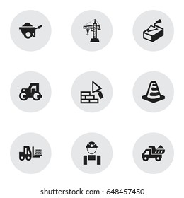 Set Of 9 Editable Structure Icons. Includes Symbols Such As Camion, Notice Object, Caterpillar And More. Can Be Used For Web, Mobile, UI And Infographic Design.