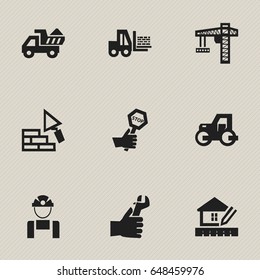 Set Of 9 Editable Structure Icons. Includes Symbols Such As Hands , Camion ,  Lifting Equipment. Can Be Used For Web, Mobile, UI And Infographic Design.