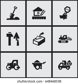Set Of 9 Editable Structure Icons. Includes Symbols Such As Construction Tools, Oar, Caterpillar And More. Can Be Used For Web, Mobile, UI And Infographic Design.