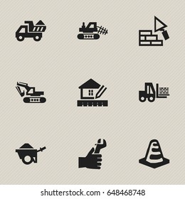 Set Of 9 Editable Structure Icons. Includes Symbols Such As Mule, Excavation Machine, Camion And More. Can Be Used For Web, Mobile, UI And Infographic Design.