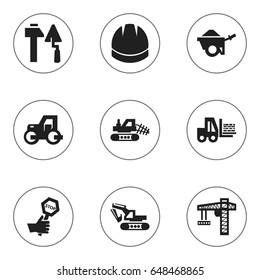 Set Of 9 Editable Structure Icons. Includes Symbols Such As Hardhat, Caterpillar, Lifting Equipment And More. Can Be Used For Web, Mobile, UI And Infographic Design.