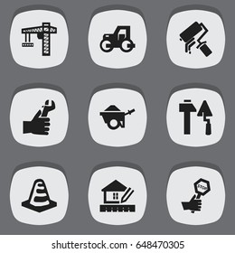 Set Of 9 Editable Structure Icons. Includes Symbols Such As Construction Tools, Trolley, Notice Object And More. Can Be Used For Web, Mobile, UI And Infographic Design.