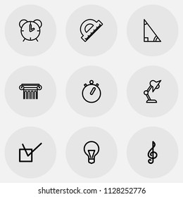 Set of 9 editable teach icons line style. Includes symbols such as column, quaver, straightedge and more. Can be used for web, mobile, UI and infographic design.