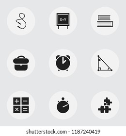Set of 9 editable teach icons. Includes symbols such as case, learning, math trigon and more. Can be used for web, mobile, UI and infographic design.
