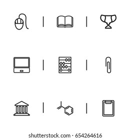 Set Of 9 Editable Teach Icons. Includes Symbols Such As Goblet, Building, Notebook And More. Can Be Used For Web, Mobile, UI And Infographic Design.
