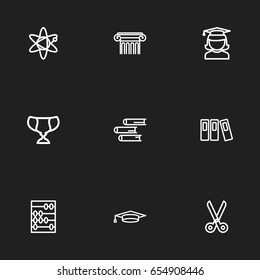 Set Of 9 Editable Teach Icons. Includes Symbols Such As Journal, Cutter, Molecule And More. Can Be Used For Web, Mobile, UI And Infographic Design.